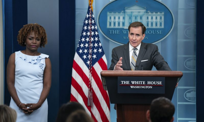 White House press secretary Karine Jean-Pierre listens as National Security Council spokesman John Kirby speaks during a press briefing at the White House, Friday, June 23, 2023, in Washington. (AP Photo/Evan Vucci)