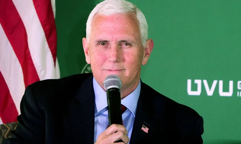 SALT LAKE CITY, UT - APRIL 28: Former U.S. Vice President Mike Pence answers questions at a luncheon sponsored by the UVU Gary R. Herbert Institute of Public Policy on April 28, 2023 at the Zion Bank headquarters in Salt Lake City, Utah. Pence talked about politics and his views on the future of the United States. (Photo by George Frey/Getty Images)