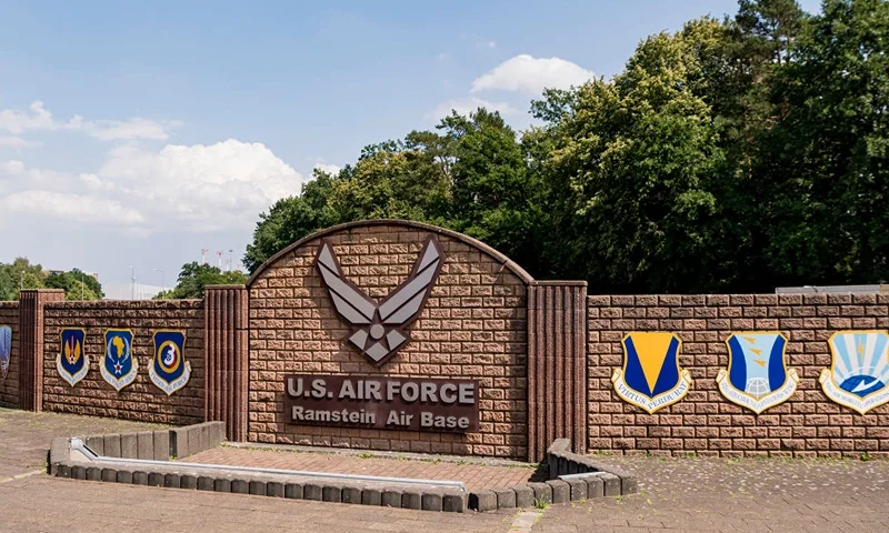 RAMSTEIN-MIESENBACH, GERMANY - JULY 20: The sign at the Westgate of Ramstein air base on July 20, 2020 in Ramstein-Miesenbach, Germany. The governors of the four German states that host a total of 35,000 US troops haver appealed the member of the U.S. Congress to block the possible withdrawal of 9,500 troops. U.S. President Donald Trump announced his intention to withdraw the troops in June. Ramstein air base is one of the biggest U.S. military facilities outside the U.S. (Photo by Alexander Scheuber/Getty Images)