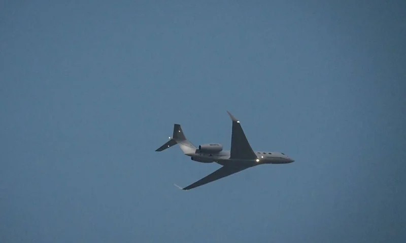 This picture shows the private jet of Tesla Chief Executive Officer Elon Musk departing from Beijing Capital International Airport on May 31, 2023. Musk praised China's "vitality and promise" on May 31, Beijing said, during a trip to the Chinese capital in which he has met multiple government officials and reportedly declared he will expand his business there. (Photo by Jade Gao / AFP) (Photo by JADE GAO/AFP via Getty Images)