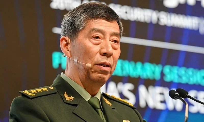 China's Minister of National Defence Li Shangfu delivers a speech during the 20th Shangri-La Dialogue summit in Singapore on June 4, 2023. (Photo by ROSLAN RAHMAN/AFP via Getty Images)