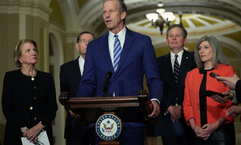 U.S. Sen. John Thune (R-SD) speaks after a Republican policy luncheon at the U.S. Capitol on March 28, 2023 in Washington, DC. The Republicans spoke on their new energy plan which would increase domestic energy production and eases environmental review on energy and mining projects. Thune was joined by (L-R) Sen. Shelley Moore Capito (R-WV), Sen. John Barrasso (R-WY), Sen. Steve Daines (R-IA) and Sen. Joni Ernst (R-IA). (Photo by Kevin Dietsch/Getty Images)
