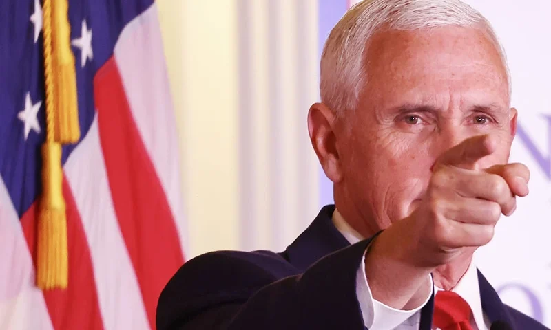 YORBA LINDA, CALIFORNIA - APRIL 19: Former Vice President Mike Pence points during closing remarks at the Nixon National Energy Conference at the Richard Nixon Presidential Library and Museum on April 19, 2023 in Yorba Linda, California. Pence discussed American energy policy at the event which marked the 50th anniversary of the country’s first energy policy. (Photo by Mario Tama/Getty Images)