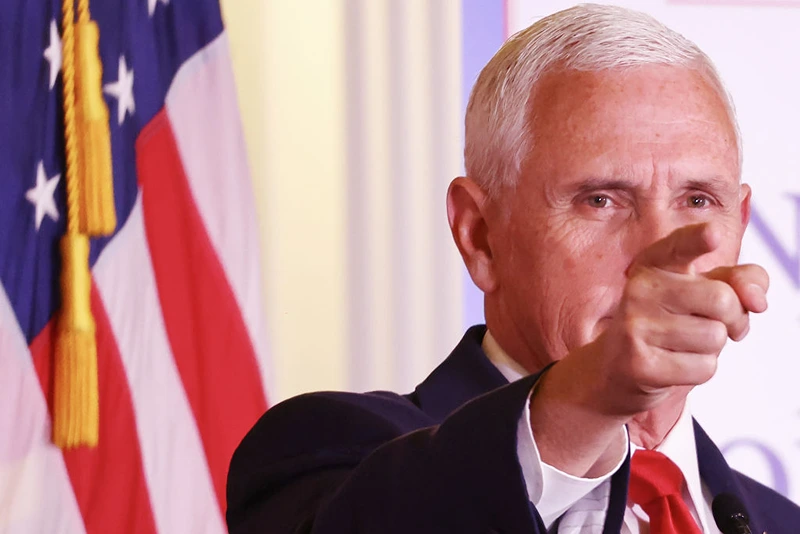 YORBA LINDA, CALIFORNIA - APRIL 19: Former Vice President Mike Pence points during closing remarks at the Nixon National Energy Conference at the Richard Nixon Presidential Library and Museum on April 19, 2023 in Yorba Linda, California. Pence discussed American energy policy at the event which marked the 50th anniversary of the country’s first energy policy. (Photo by Mario Tama/Getty Images)