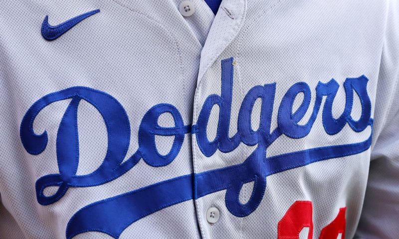 A detail of a Los Angeles Dodgers logo against the Chicago Cubs at Wrigley Field on April 21, 2023 in Chicago, Illinois. (Photo by Michael Reaves/Getty Images)