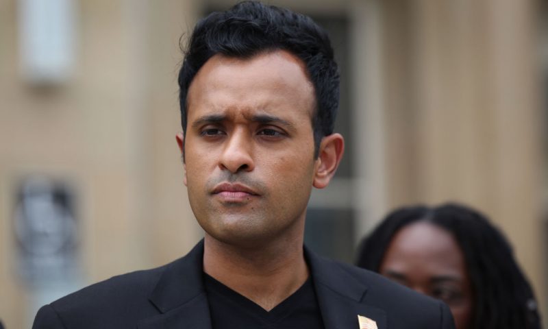 CHICAGO, ILLINOIS - MAY 19: Republican presidential candidate businessman Vivek Ramaswamy holds a press conference outside of the shuttered South Shore High School on May 19, 2023 in Chicago, Illinois. Ramaswamy held a town hall style meeting, stopped by a barbershop for a haircut and did a little walking tour of the South Shore neighborhood during his visit to Chicago. City officials have faced considerable resistance from neighborhood residents as they have tried to convert the South Shore High School building into a shelter for immigrants arriving in the city. (Photo by Scott Olson/Getty Images)