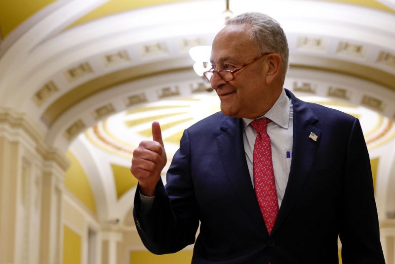WASHINGTON, DC - JUNE 01: U.S. Senate Majority Leader Chuck Schumer (D-NY) gives a thumbs up as he walks to a press conference after final passage of the Fiscal Responsibility Act at the U.S. Capitol Building on June 01, 2023 in Washington, DC. The legislation passed in the Senate with a bipartisan vote of 63-36, raising the debt ceiling until 2025 and avoiding a federal default. (Photo by Anna Moneymaker/Getty Images)