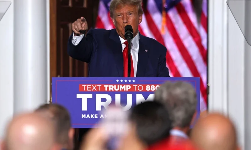 Former U.S. President Donald Trump speaks at the Trump National Golf Club on June 13, 2023 in Bedminster, New Jersey. Earlier in the day, Trump pled not guilty in federal court in Miami on 37 felony charges, including illegally retaining defense secrets and obstructing the government’s efforts to reclaim the classified documents. (Photo by Spencer Platt/Getty Images)