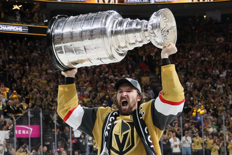 LAS VEGAS, NEVADA - JUNE 13: Mark Stone #61 of the Vegas Golden Knights celebrates the Stanley Cup victory over the Florida Panthers in Game Five of the 2023 NHL Stanley Cup Final at T-Mobile Arena on June 13, 2023 in Las Vegas, Nevada. (Photo by Bruce Bennett/Getty Images)