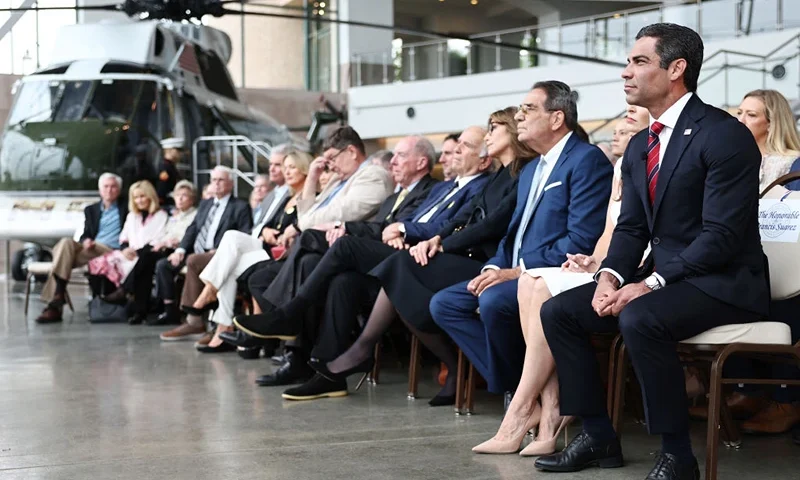 SIMI VALLEY, CALIFORNIA - JUNE 15: Republican presidential candidate Miami Mayor Francis Suarez (R) waits to deliver remarks at the Ronald Reagan Presidential Library on June 15, 2023 in Simi Valley, California. Suarez joins former President Donald Trump and Florida Gov. Ron DeSantis as the third announced GOP candidate from Florida and is the only Hispanic candidate in the 2024 presidential election. (Photo by Mario Tama/Getty Images)
