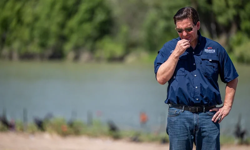 EAGLE PASS, TEXAS - JUNE 26: Republican presidential candidate, Florida Gov. Ron DeSantis stands on the banks of the Rio Grande during a press conference on June 26, 2023 in Eagle Pass, Texas. Gov. DeSantis visited the border along the Rio Grande and engaged residents and voters while speaking on border security at an event earlier in the day. (Photo by Brandon Bell/Getty Images)