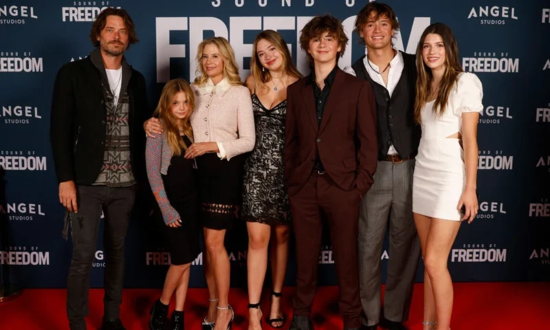 Christopher Backus, Johnny Backus, Mira Sorvino, Lucia Backus, Holden Backus, Mattea Backus, and Saskia Backus attend the premiere of "Sound of Freedom" on June 28, 2023 in Vineyard, Utah. (Photo by Fred Hayes/Getty Images for Angel Studios)