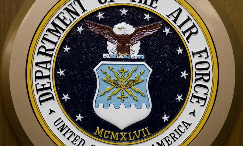 The Department of the Air Force seal hangs on the wall February 24, 2009, at the Pentagon in Washington,DC. AFP Photo/Paul J. Richards / AFP PHOTO / Paul J. RICHARDS (Photo credit should read PAUL J. RICHARDS/AFP via Getty Images)