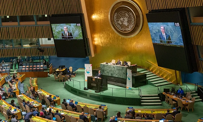 NEW YORK, NY - MAY 19: Antony Blinken, U.S. Secretary of State, speaks as members of the United Nations General Assembly meet to discuss conflict and food security in Ukraine at United Nations headquarters on May 19, 2022 in New York City. Blinken announced Ukraine will be getting $215 million in emergency food assistance. (Photo by David Dee Delgado/Getty Images)