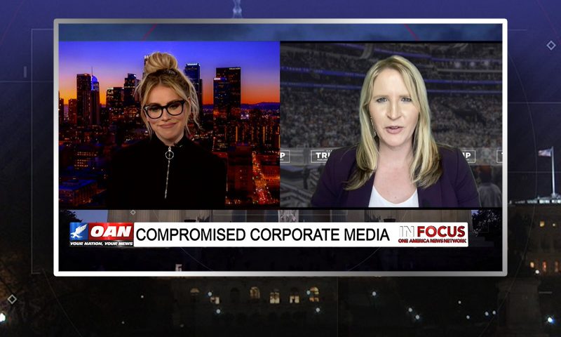Video still from Liz Harrington's interview with In Focus on One America News Network