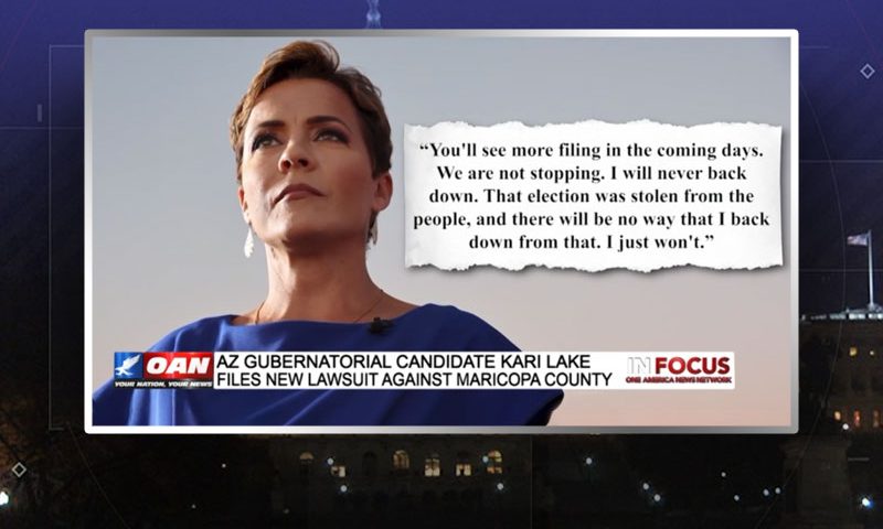 Video still from Kari Lake's interview with In Focus on One America News Network
