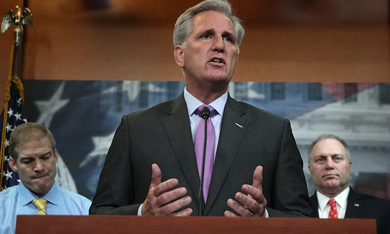 WASHINGTON, DC - SEPTEMBER 25: U.S. House Minority Leader Rep. Kevin McCarthy (R-CA) speaks as Rep. Jim Jordan (R-OH), and House Minority Whip Rep. Steve Scalise (R-LA) listen during a news conference at the U.S. Capitol September 25, 2019 in Washington, DC. House GOP leaders held a news conference to discuss Speaker of the House Pelosi’s announcement of a formal impeachment inquiry into President Donald Trump. (Photo by Alex Wong/Getty Images)