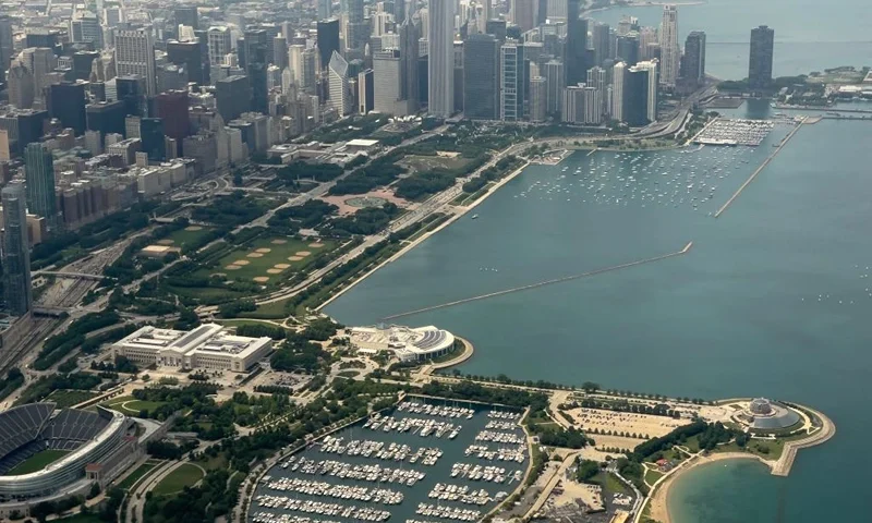 Aerial view of downtown Chicago, Illinois on June 29, 2021. - (Photo by Daniel SLIM / AFP) (Photo by DANIEL SLIM/AFP via Getty Images)