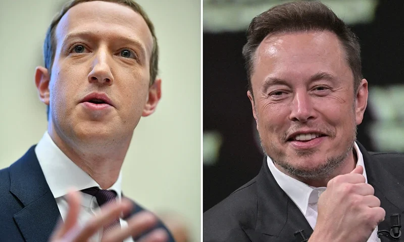 (COMBO/FILES) This combination of file photographs created on June 22, 2023 shows SpaceX, Twitter and electric car maker Tesla CEO Elon Musk during his visit at the Vivatech technology startups and innovation fair at the Porte de Versailles exhibition center in Paris on June 16, 2023 (R) and Facebook founder Mark Zuckerberg testifying before the House Financial Services Committee in the Rayburn House Office Building in Washington, DC on October 23, 2019. Tech titans Zuckerberg and Musk are in a fierce business rivalry that has spilt over into a playground spat, with the two men offering to fight each other in a cage. (Photo by Mandel NGAN and Alain JOCARD / AFP) (Photo by MANDEL NGAN,ALAIN JOCARD/AFP via Getty Images)