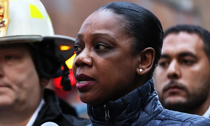 NEW YORK, NEW YORK - APRIL 18: NYPD Commissioner Keechant L. Sewell speaks during a press conference near the site of a parking garage collapse on April 18, 2023 in New York City. One person was killed and five were injured with one refusing medical treatment after the collapse of a parking garage in the Financial District next to a Pace University building. (Photo by Michael M. Santiago/Getty Images)