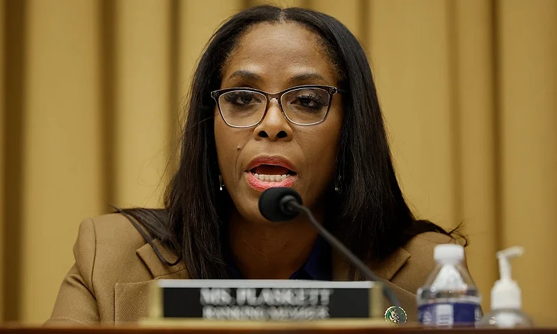 WASHINGTON, DC - FEBRUARY 09: Ranking member Del. Stacey Plaskett (D-VI) delivers opening remarks during the first hearing of the Weaponization of the Federal Government subcommittee in the Rayburn House Office Building on Capitol Hill on February 09, 2023 in Washington, DC. This was the first hearing of the new subcommittee, created by a sharply divided Congress to scrutinize what Republican members have charged is an effort by the federal government to target and silence conservatives. (Photo by Chip Somodevilla/Getty Images)