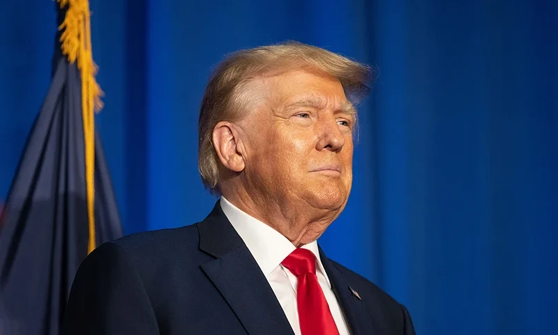 CONCORD, NEW HAMPSHIRE - JUNE 27: Republican presidential candidate, former U.S. President Donald Trump stands on stage after being introduced during the New Hampshire Federation of Republican Women's Lilac Luncheon on June 27, 2023 in Concord, New Hampshire. Republican presidential candidate, Florida Gov. Ron DeSantis is also holding a campaign event in New Hampshire today. (Photo by Scott Eisen/Getty Images)