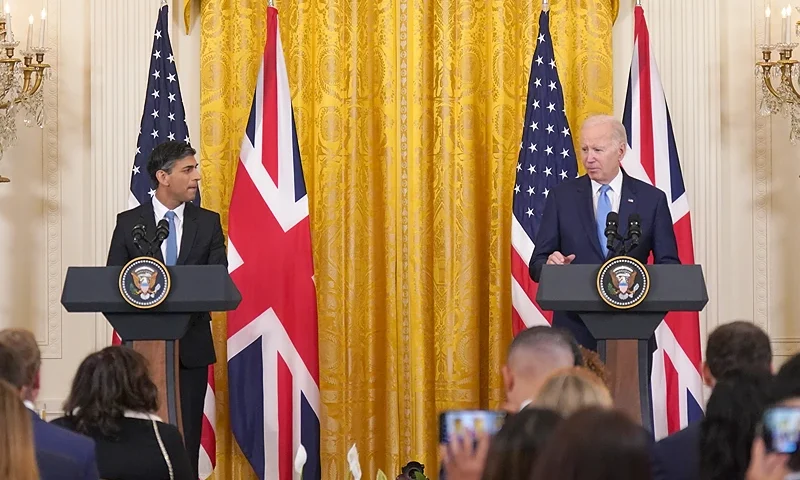 WASHINGTON, DC - JUNE 08: British Prime Minister Rishi Sunak during a joint press conference with US President Joe Biden in the East Room at the White House on June 8, 2023 in Washington, DC. Sunak is on his first visit to the United States since taking office and the two leaders are discussing the Russia-Ukraine war and strengthening their economic partnership. (Photo by Niall Carson - Pool/Getty Images)