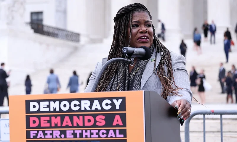 WASHINGTON, DC - JUNE 22: Rep. Cori Bush (D-MO) speaks at the "Just Majority" Supreme Court press conference on June 22, 2023 in Washington, DC. (Photo by Paul Morigi/Getty Images for Just Majority)