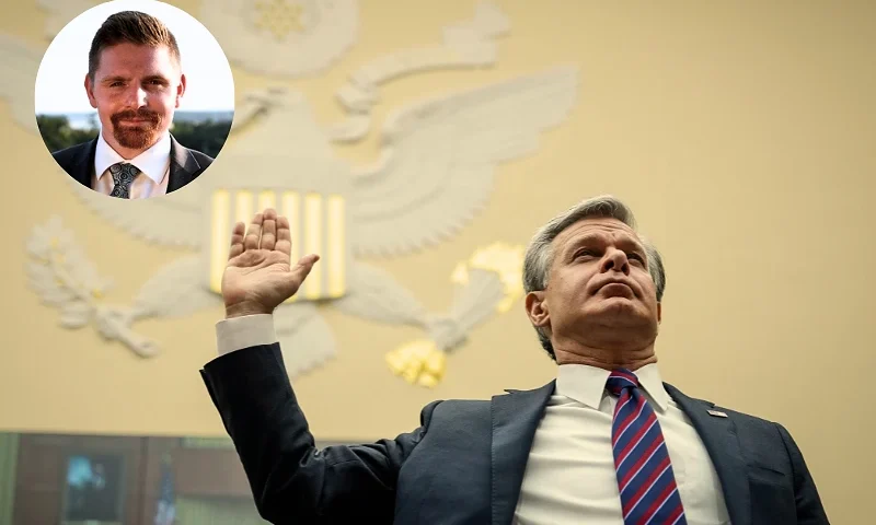 (L) Photo via audible: author/Seamus-Bruner / (R) WASHINGTON, DC - JULY 12: FBI Director Christopher Wray is sworn in during a House Judiciary Committee about oversight of the Federal Bureau of Investigation on Capitol Hill July 12, 2023 in Washington, DC. Conservative House Republicans claim that the FBI and other federal law enforcement agencies have been "weaponized" against conservatives, including former U.S. President Donald Trump and his allies. Wray defended the FBI workforce, emphasizing that the agency protects Americans every day "from a staggering array of threats." (Photo by Drew Angerer/Getty Images)