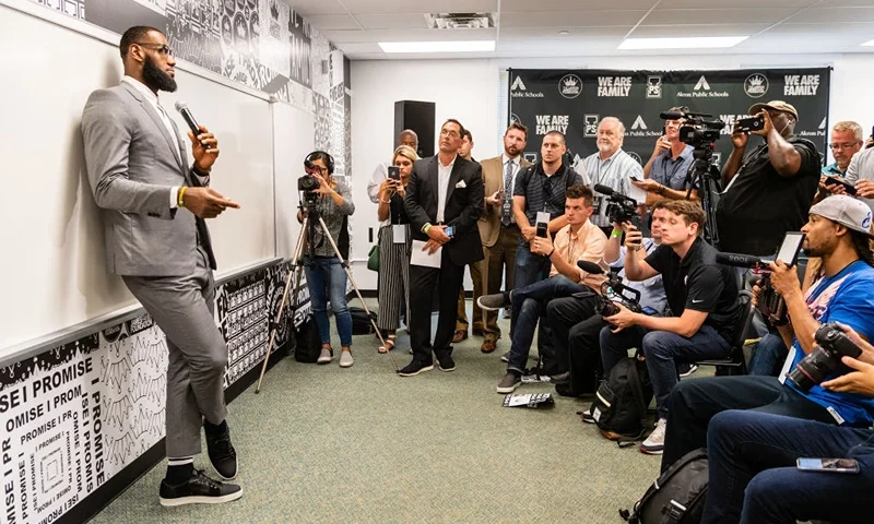AKRON, OH - JULY 30: LeBron James addresses the media after the opening ceremonies of the I Promise School on July 30, 2018 in Akron, Ohio. The School is a partnership between the LeBron James Family foundation and the Akron Public School and is designed to serve Akron's most challenged students. (Photo by Jason Miller/Getty Images)