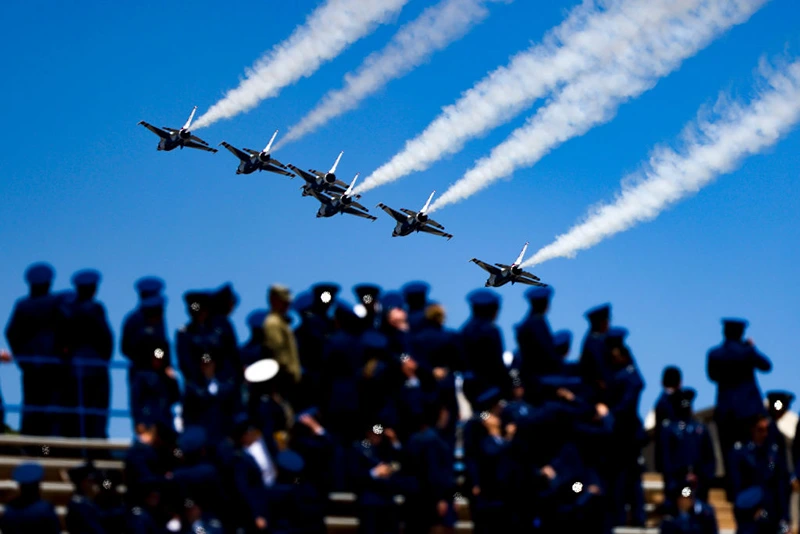 The Air Force Thunderbirds perform after the Air Force Academy graduation ceremony at Falcon Stadium on May 25, 2022 in Colorado Springs, Colorado. United States Secretary of Defense Lloyd Austin III gave the commencement address to the 973 graduates from the academy. (Photo by Michael Ciaglo/Getty Images)