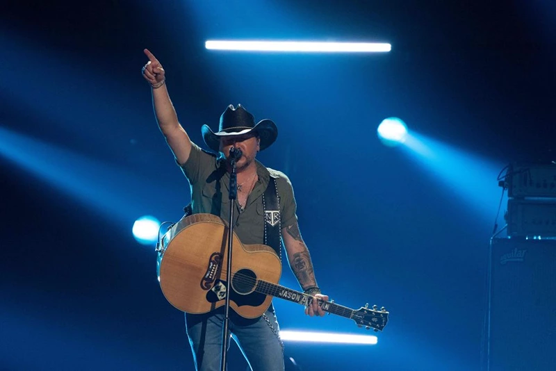 US musician Jason Aldean performs during the Academy of Country Music (ACM) Awards at Ford Center at the Star in Frisco, Texas, on May 11, 2023. (Photo by SUZANNE CORDEIRO / AFP) (Photo by SUZANNE CORDEIRO/AFP via Getty Images)