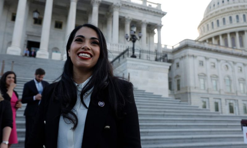 U.S. Rep. Mayra Flores (R-TX) is interviewed by a reporter outside the Capitol Building after being sworn in on June 21, 2022 in Washington, DC. Flores was elected to fill the seat held by Democratic Rep. Filemon Vela, who resigned from office in March. She is the first Mexican-born woman elected to Congress. (Photo by Anna Moneymaker/Getty Images)