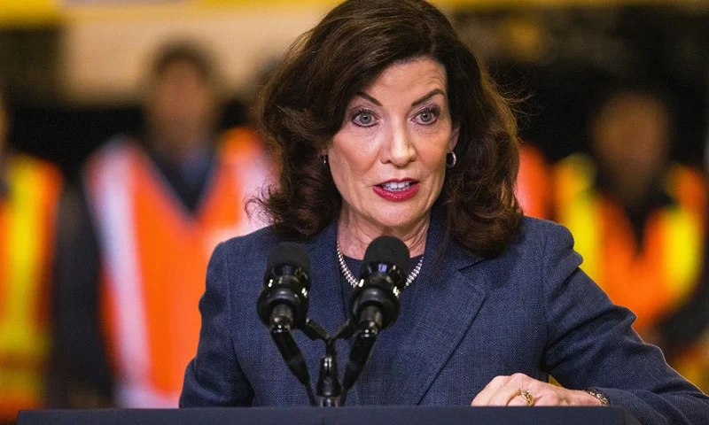 NEW YORK, NEW YORK - JANUARY 31: New York Gov. Kathy Hochul gives a speech on the Hudson River tunnel project at the West Side Yard on January 31, 2023 in New York City. President Biden traveled to New York to speak about how the passage of the bipartisan infrastructure law will help fund the Hudson River tunnel project and improve reliability for the 200,000 passenger trips per weekday on Amtrak and NJ Transit. (Photo by Michael M. Santiago/Getty Images)