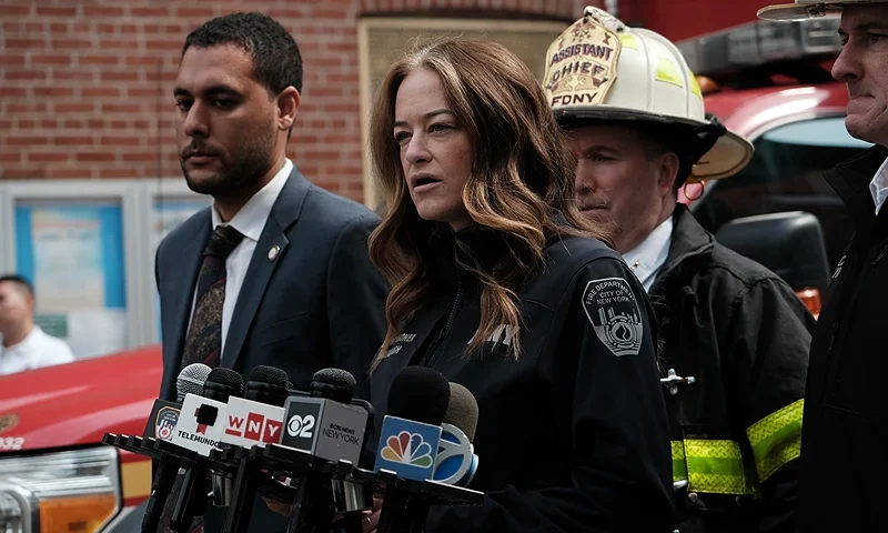 NEW YORK, NEW YORK - JUNE 20: Fire Commissioner Laura Kavanagh speaks to the media outside of a building where four individuals lost their lives overnight in a fire that originated from an e-bike repair shop in Chinatown on June 20, 2023, in New York City. Lithium-ion e-bike batteries have caused numerous fires and fatalities in recent years due to the rising popularity of e-bikes for delivery purposes. New York City Mayor Eric Adams' administration has taken strong measures against unregulated e-bike and e-scooter batteries, which often present the highest risk when improperly charged. (Photo by Spencer Platt/Getty Images)