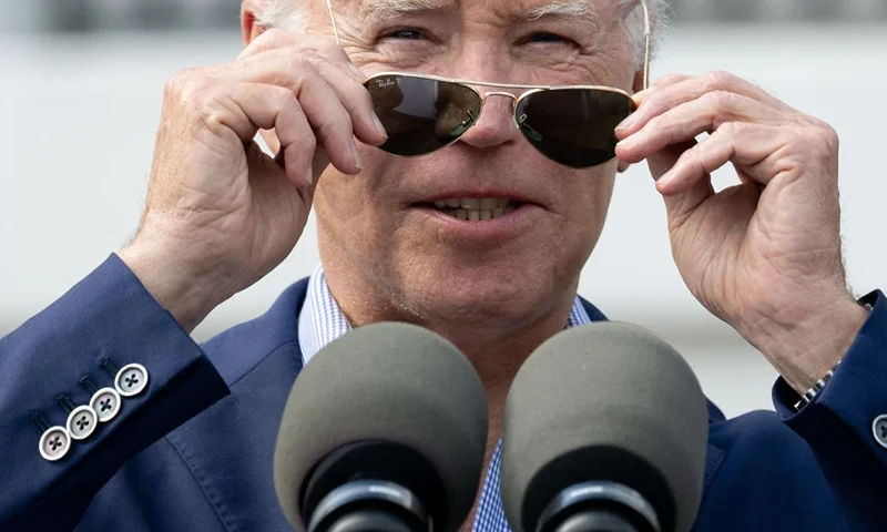 US President Joe Biden speaks during a barbeque for active-duty military families in honor of the Fourth of July on the South Lawn of the White House in Washington, DC, July 4, 2023. (Photo by SAUL LOEB / AFP) (Photo by SAUL LOEB/AFP via Getty Images)