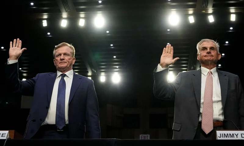 PGA Tour Ron Price and PGA Tour Policy Board member Jimmy Dunne are sworn in during a Senate Homeland Security Subcommittee on Investigations hearing examining the business deal between the PGA Tour and the Public Investment Fund of Saudi Arabia's LIV Golf on Capitol Hill July 11, 2023 in Washington, DC. In early June, the PGA Tour and LIV Golf announced plans for a framework agreement to create a new global golf entity, which will be heavily funded by Saudi Arabia's Public Investment Fund. (Photo by Drew Angerer/Getty Images)