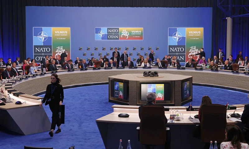 VILNIUS, LITHUANIA - JULY 11: Leaders attend the opening high-level session of the 2023 NATO Summit on July 11, 2023 in Vilnius, Lithuania. The summit is bringing together NATO members and partner countries heads of state from July 11-12 to chart the alliance's future, with Sweden's application for membership and Russia's ongoing war in Ukraine as major topics on the summit agenda. (Photo by Sean Gallup/Getty Images)
