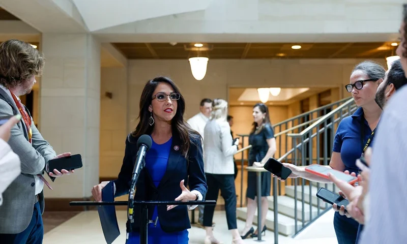 WASHINGTON, DC - JULY 13: Rep. Lauren Boebert (R-CO) speaks to reporters after attending a briefing with U.S. Secret Service officials on the cocaine substance found at the White House on July 13, 2023 in Washington, DC. U.S. Secret Service officials briefed members of the House Oversight Committee about the discovery of the substance in the lobby area of the West Wing and announced that their investigation had been concluded after finding no suspect. (Photo by Anna Moneymaker/Getty Images)