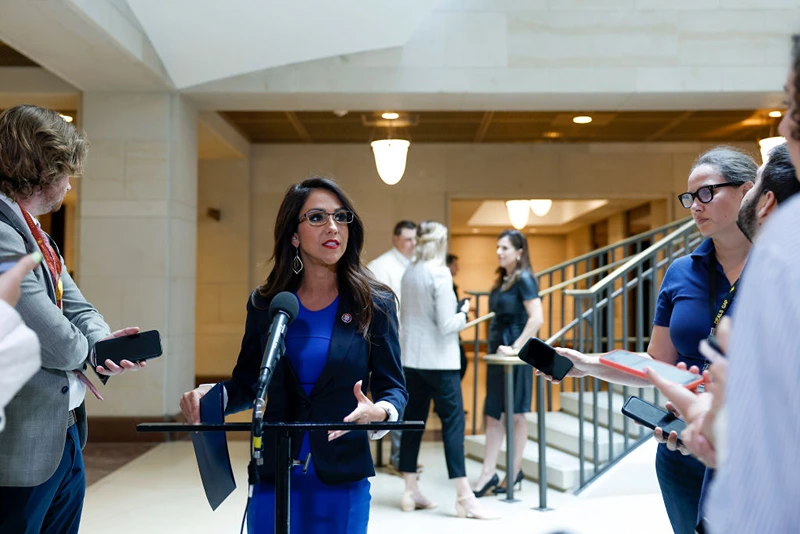 WASHINGTON, DC - JULY 13: Rep. Lauren Boebert (R-CO) speaks to reporters after attending a briefing with U.S. Secret Service officials on the cocaine substance found at the White House on July 13, 2023 in Washington, DC. U.S. Secret Service officials briefed members of the House Oversight Committee about the discovery of the substance in the lobby area of the West Wing and announced that their investigation had been concluded after finding no suspect. (Photo by Anna Moneymaker/Getty Images)