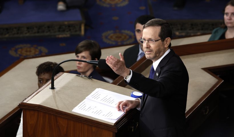 WASHINGTON, DC - JULY 19: Israeli President Isaac Herzog addresses a joint meeting of the U.S. Congress at the U.S. Capitol on July 19, 2023 in Washington, DC. Herzog's speech on the floor of the House of Representatives stirred controversy as some liberal Democrats planned to boycott of the Israeli president’s (Photo by Anna Moneymaker/Getty Images)