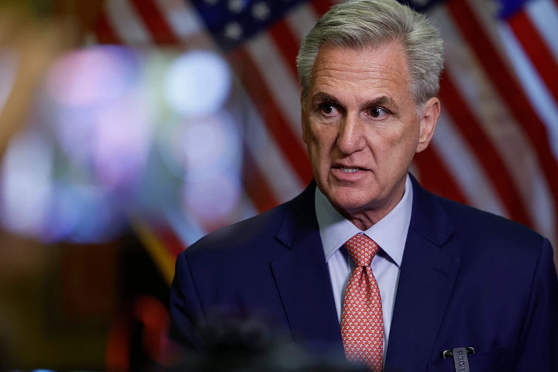 WASHINGTON, DC - JULY 25: U.S. Speaker of the House Kevin McCarthy (R-CA) speaks to reporters outside the Speakers Balcony at the U.S. Capitol Building on July 25, 2023 in Washington, DC. McCarthy held the media availability with reporters to discuss a potential impeachment inquiry against U.S. President Joe Biden that would focus on the Biden family's alleged financial misconduct. (Photo by Anna Moneymaker/Getty Images)