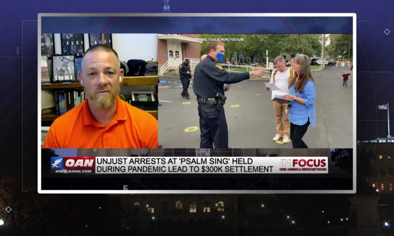 Video still from Gabriel Rench's interview with In Focus on One America News Network