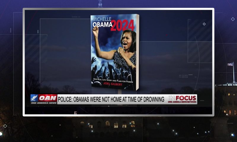 Video still from In Focus on One America News Network showing the cover of Joel Gilbert's "Michelle Obama 2024"