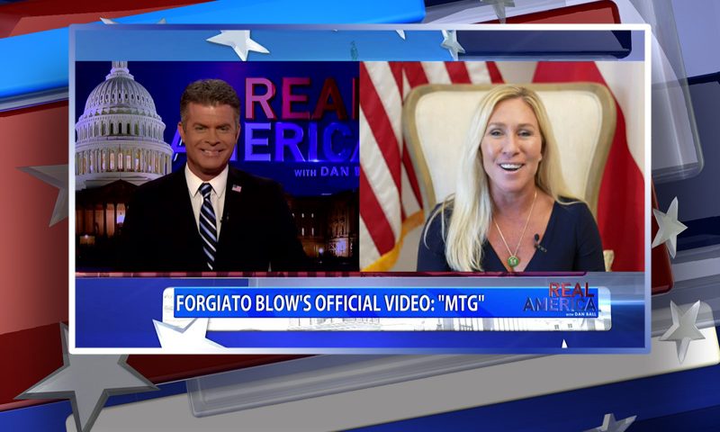 Video still from Marjorie Taylor Greene's interview with Real America on One America News Network