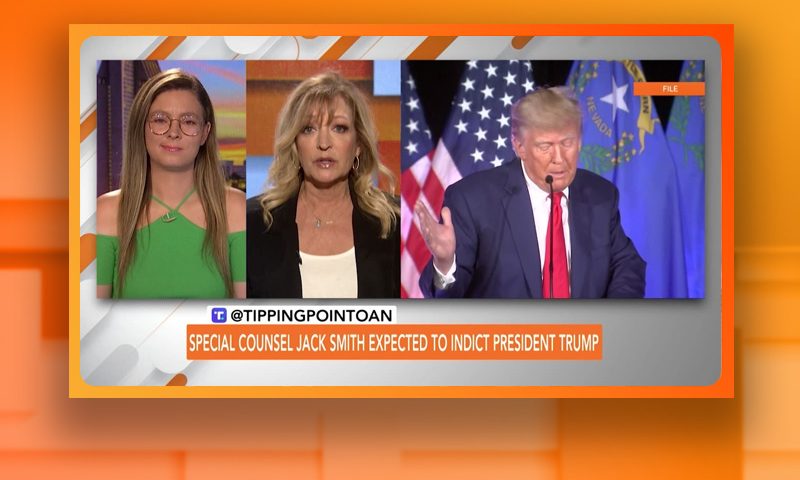 Video still from Andrea Kaye's interview with Tipping Point on One America News Network