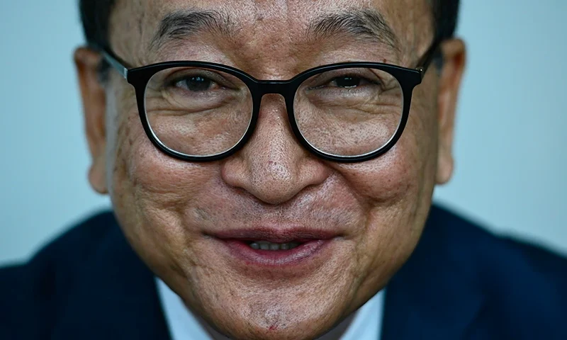 Cambodia's exiled opposition figurehead Sam Rainsy, who leads the Cambodia National Rescue Party (CNRP), speaks during an interview with Agence France-Presse (AFP) in Kuala Lumpur on November 12, 2019. - Cambodia's opposition leader Sam Rainsy arrived in Malaysia on November 9, as he sought to get home to rally his supporters against strongman Hun Sen, while security was ramped up at the kingdom's borders and in Phnom Penh. (Photo by Mohd RASFAN / AFP) (Photo by MOHD RASFAN/AFP via Getty Images)