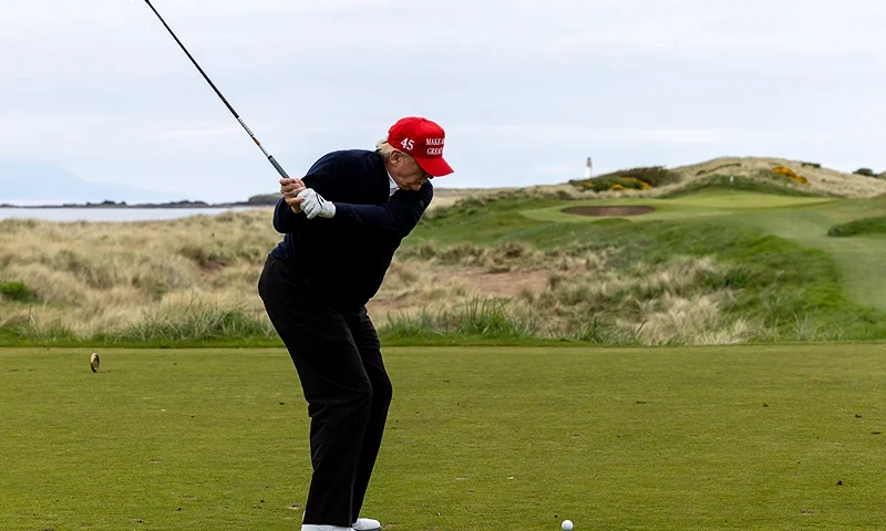 TURNBERRY, SCOTLAND - MAY 02: Former U.S. President Donald Trump during a round of golf at his Turnberry course on May 2, 2023 in Turnberry, Scotland. Former U.S. President Donald Trump is visiting his golf courses in Scotland and Ireland. Back in the United States, he faces legal action on 34 counts of falsifying business records. (Photo by Robert Perry/Getty Images)