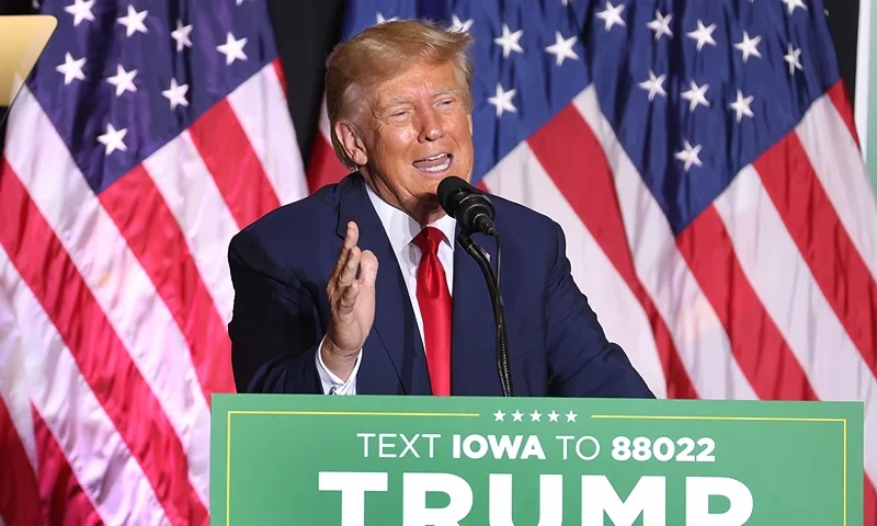 COUNCIL BLUFFS, IOWA - JULY 07: Former US President Donald Trump speaks to supporters during a Farmers for Trump campaign event at the MidAmerica Center on July 07, 2023 in Council Bluffs, Iowa. The event was Trump's largest in Iowa since a visit to Davenport in March. (Photo by Scott Olson/Getty Images)