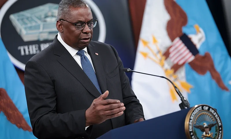 ARLINGTON, VIRGINIA - JULY 18: U.S. Secretary of Defense Lloyd Austin answers questions during a press briefing after participating in a virtual meeting of the Ukraine Defense Contact Group on July 18, 2023 at the Pentagon in Arlington, Virginia. Austin and Chairman of the Joint Chiefs of Staff General Mark Milley answered a range of questions during the briefing centered primarily around the ongoing war in Ukraine. (Photo by Win McNamee/Getty Images)